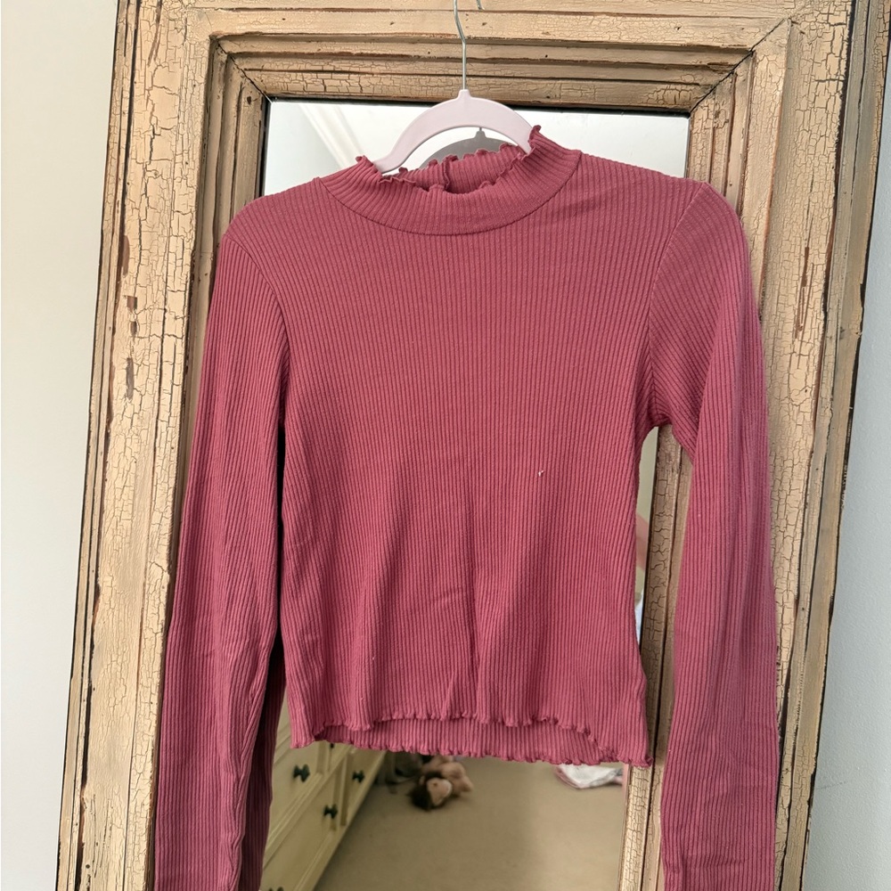 American Eagle Outfitters Pink Ruffled Fitted Blouse